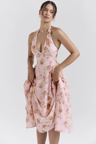 Solada Engelse vintage rozenprint georgette halterzomerjurk