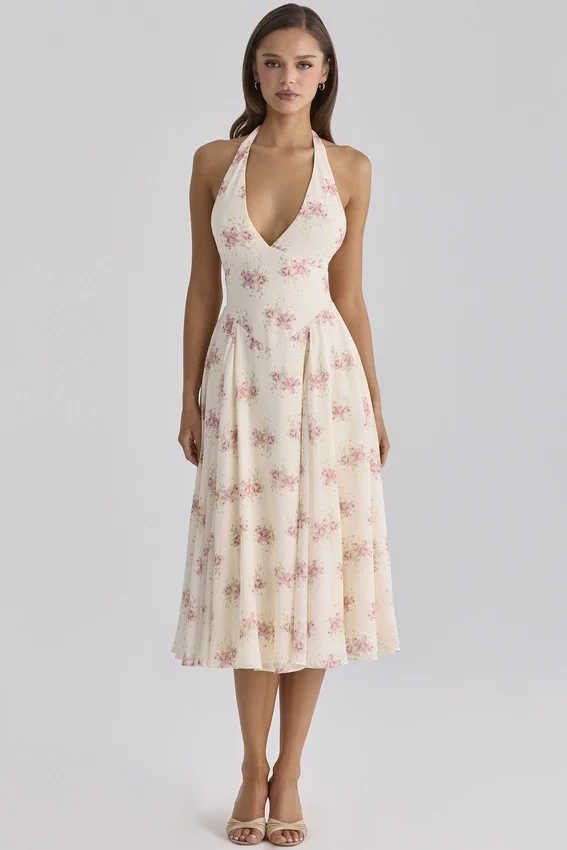 Solada ivoorkleurige midi-halterjurk van georgette met vintage rozenprint