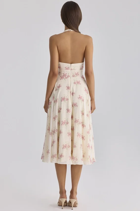 Solada ivoorkleurige midi-halterjurk van georgette met vintage rozenprint