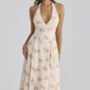 Solada ivoorkleurige midi-halterjurk van georgette met vintage rozenprint