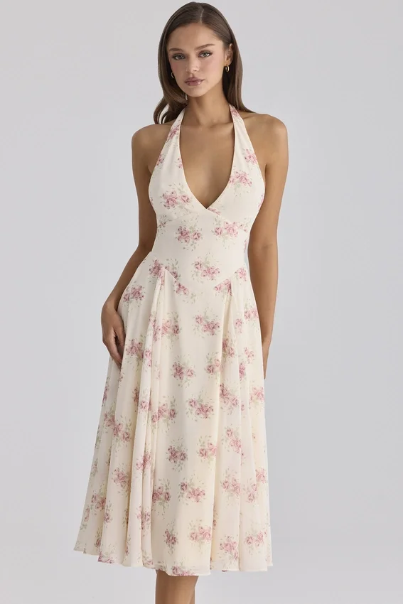 Solada ivoorkleurige midi-halterjurk van georgette met vintage rozenprint