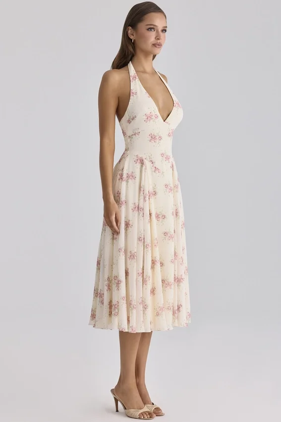 Solada ivoorkleurige midi-halterjurk van georgette met vintage rozenprint