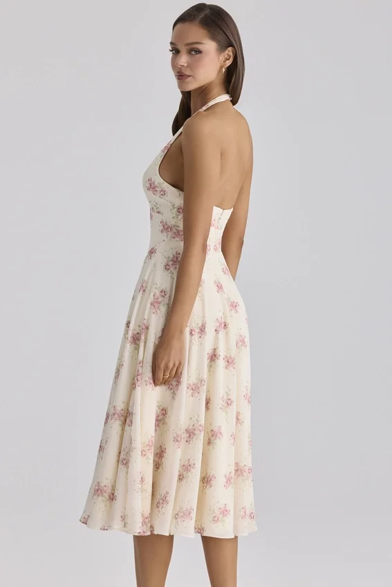 Solada ivoorkleurige midi-halterjurk van georgette met vintage rozenprint