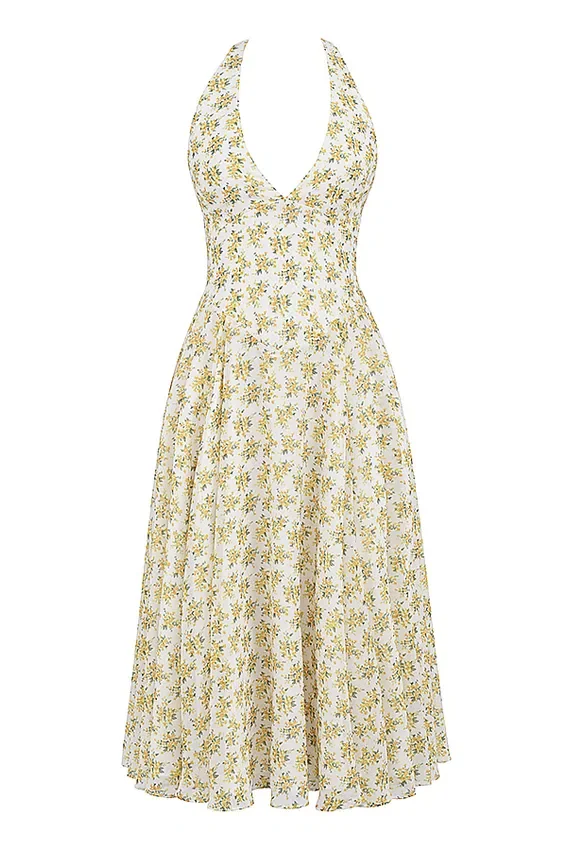 Solada ivoorkleurige vintage halterjurk met bloemenprint van georgette