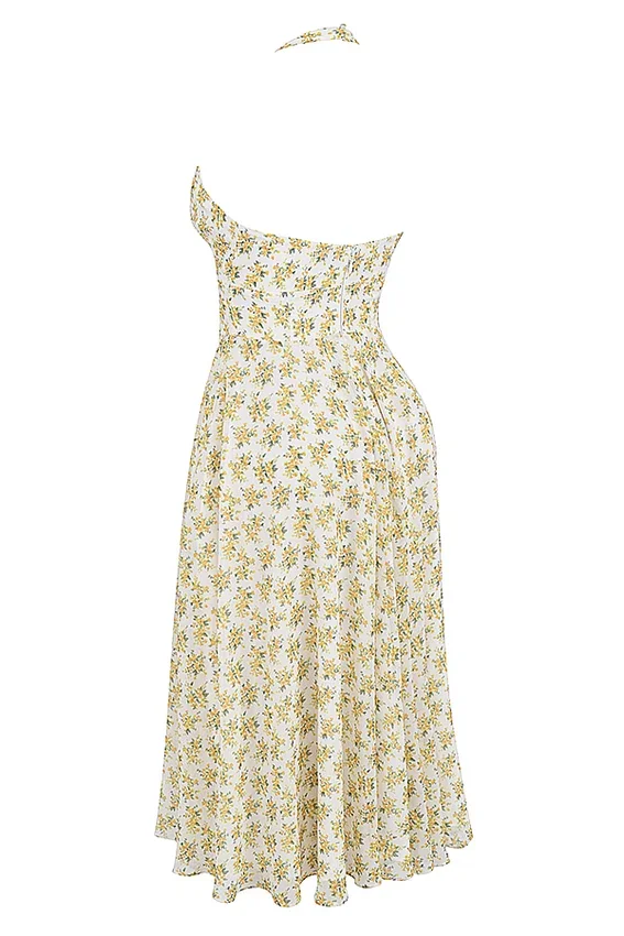 Solada ivoorkleurige vintage halterjurk met bloemenprint van georgette