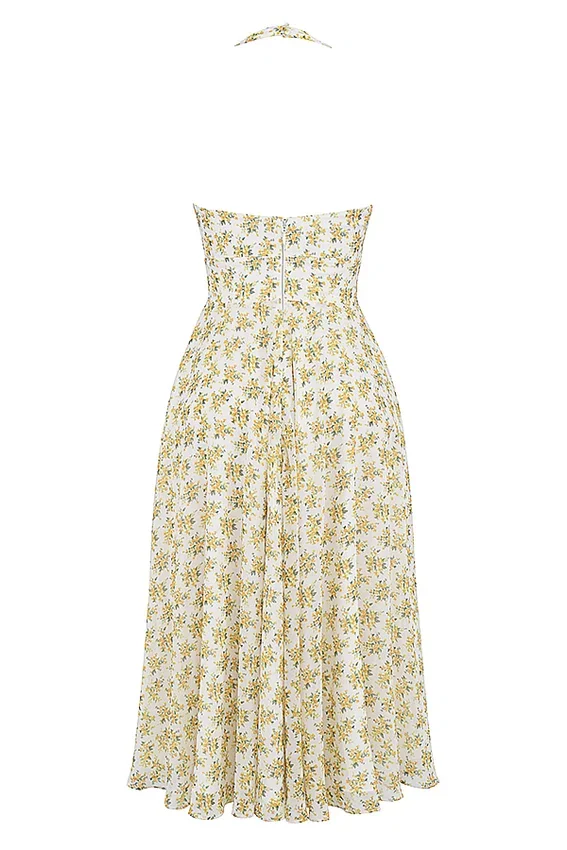 Solada ivoorkleurige vintage halterjurk met bloemenprint van georgette