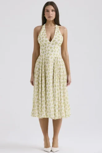 Solada ivoorkleurige vintage halterjurk met bloemenprint van georgette
