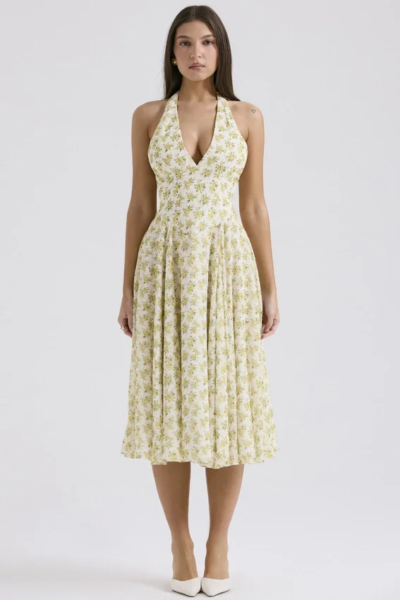 Solada ivoorkleurige vintage halterjurk met bloemenprint van georgette