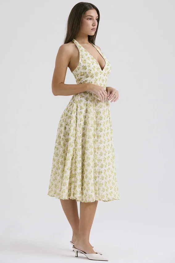 Solada ivoorkleurige vintage halterjurk met bloemenprint van georgette