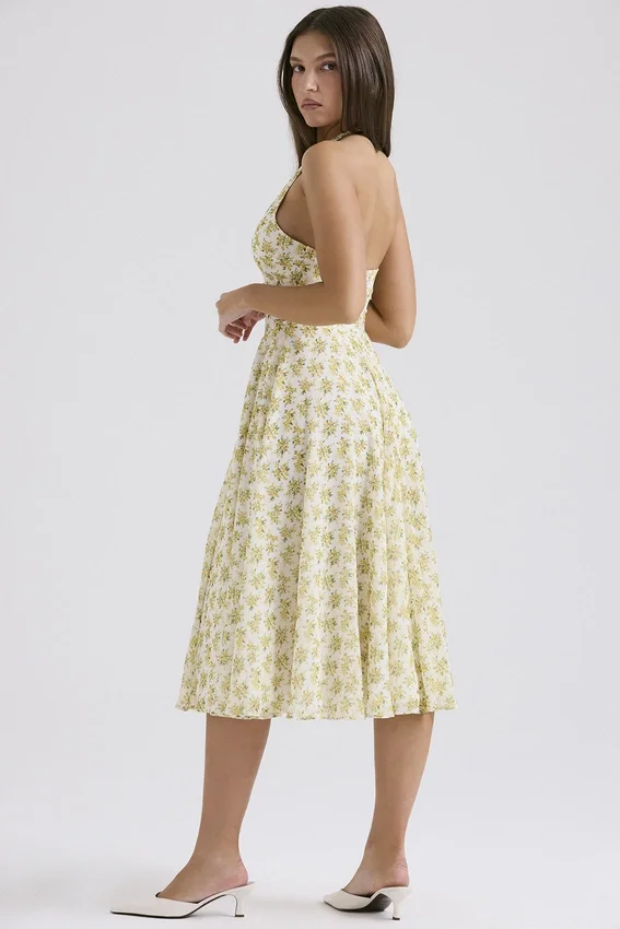 Solada ivoorkleurige vintage halterjurk met bloemenprint van georgette