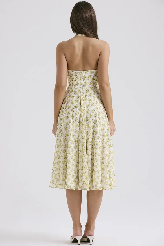 Solada ivoorkleurige vintage halterjurk met bloemenprint van georgette