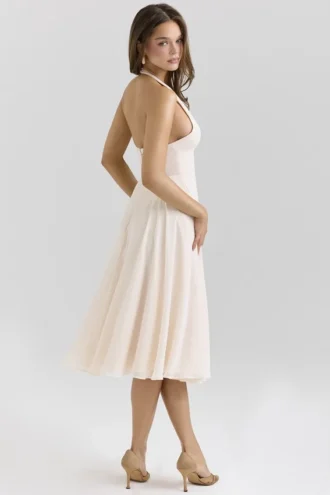 Solada Vintage crèmekleurige halterjurk van georgette voor de zomer