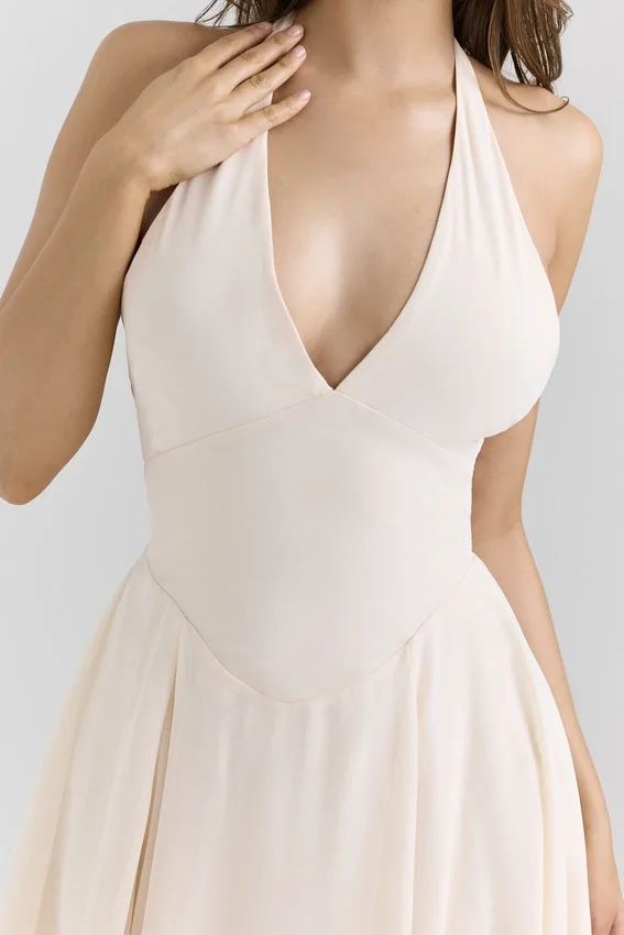 Solada Vintage crèmekleurige halterjurk van georgette voor de zomer