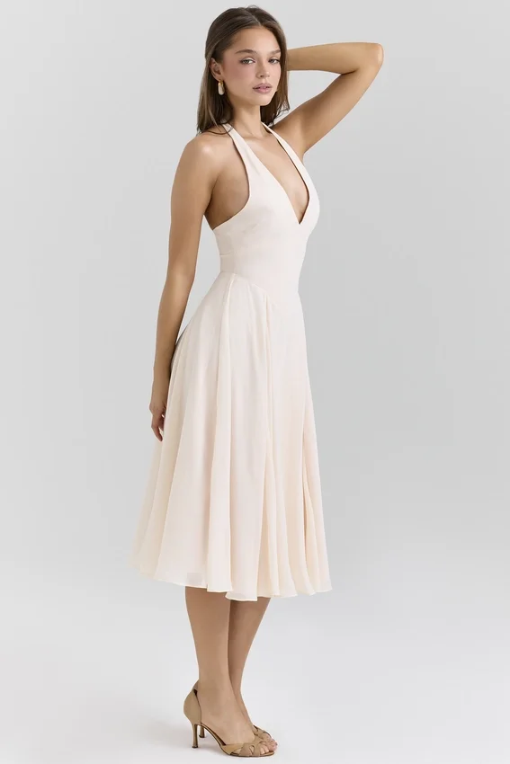Solada Vintage crèmekleurige halterjurk van georgette voor de zomer