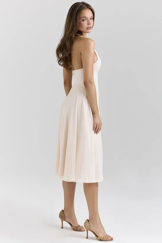 Solada Vintage crèmekleurige halterjurk van georgette voor de zomer