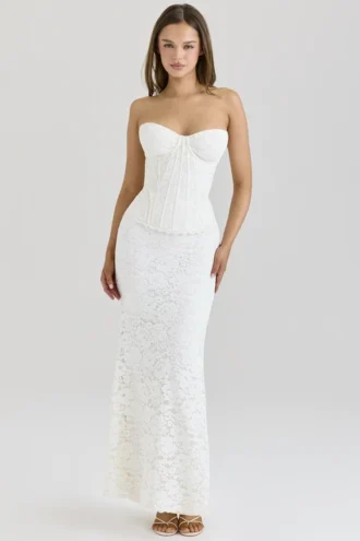 Solaine ivoorkleurige kanten corset maxi-jurk