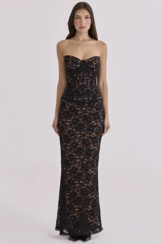Solaine Zwarte + Blush Kanten Korset Maxi-jurk