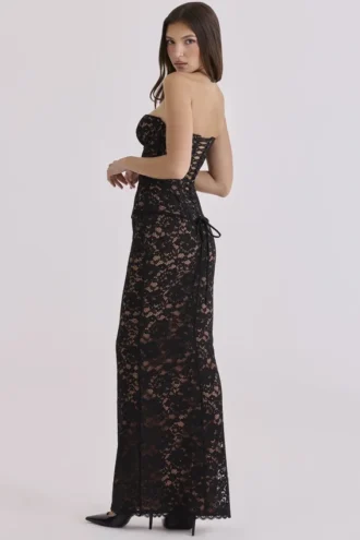 Solaine Zwarte + Blush Kanten Korset Maxi-jurk