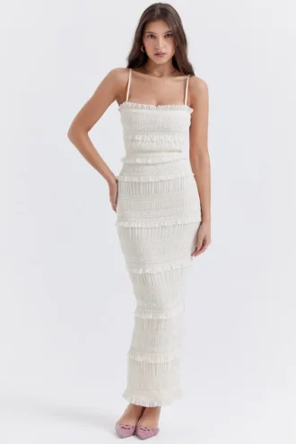 Solana ivoorkleurige maxi-jurk met pailletten en plooien