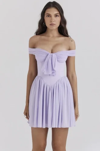Soleil Orchid mini-jurk met blote schouders