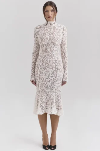 Sophia Vintage ivoorkleurige kanten getailleerde midi-jurk