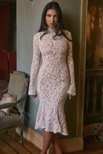 Sophia Vintage ivoorkleurige kanten getailleerde midi-jurk