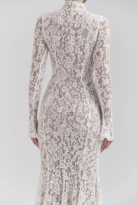 Sophia Vintage ivoorkleurige kanten getailleerde midi-jurk