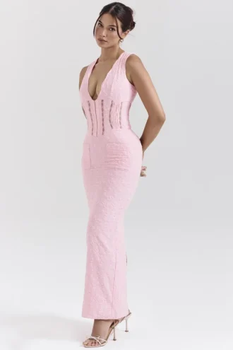 Sophina Perfectly Pink Broderie Anglais Plunge Maxi-jurk