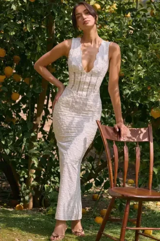 Sophina witte katoenen maxi-jurk met Engelse borduursels