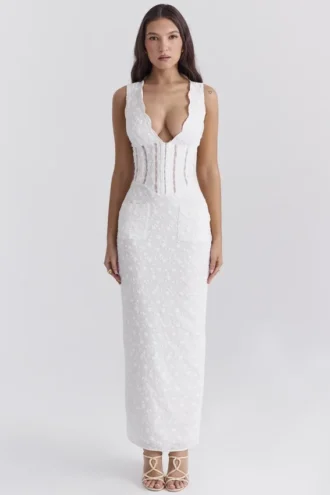 Sophina witte katoenen maxi-jurk met Engelse borduursels