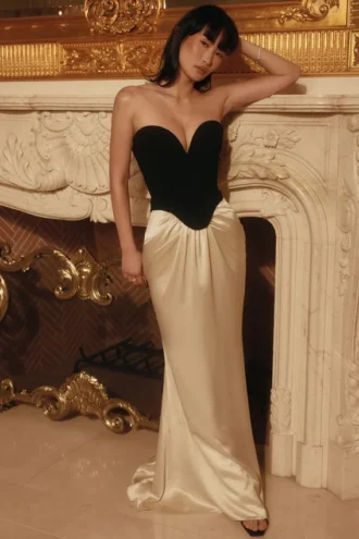 Sorcha zwarte & champagnekleurige maxi-jurk met korset