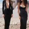 Stefania zwarte korset maxi-jurk