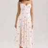 Steffani witte stretch katoenen midi-zomerjurk met rozenprint