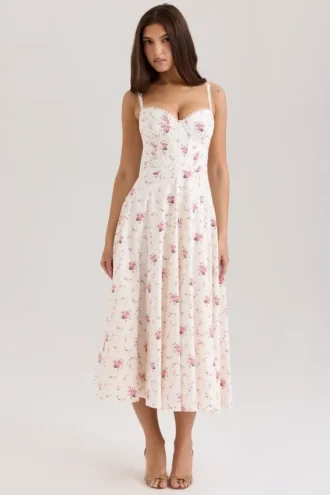 Steffani witte stretch katoenen midi-zomerjurk met rozenprint