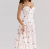 Steffani witte stretch katoenen midi-zomerjurk met rozenprint