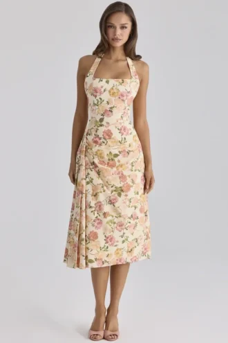 Tallulah Warm Rose Print Halter Neck Katoenen Midi-jurk
