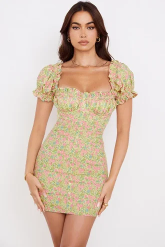 Tanaya Vintage mini-jurk met bloemenprint en pofmouwen
