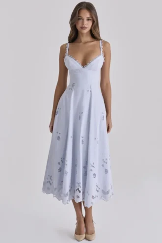 Tatiana Bluebell Lace + Cotton Broderie Anglais Midi Zomerjurk