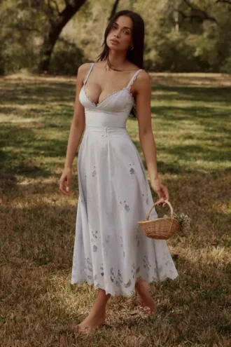 Tatiana Bluebell Lace + Cotton Broderie Anglais Midi Zomerjurk