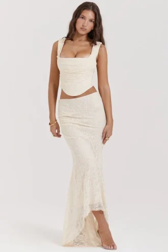 Therese Vintage crèmekleurige maxi-rok met kant