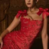 Tiff Holly rode fluwelen maxi-jurk met kant
