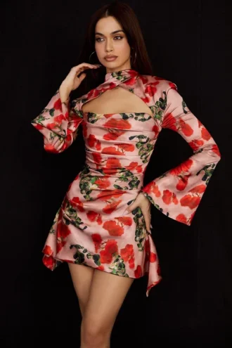 Toira roze gedrapeerde korsettenjurk met print