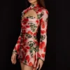 Toira roze gedrapeerde korsettenjurk met print