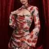 Toira roze gedrapeerde korsettenjurk met print