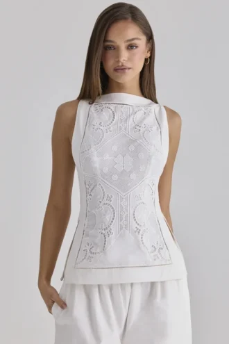 Valencia Witte katoenen top met placement-kant en broderie anglaise, boothals