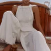 Valencia Witte katoenen top met placement-kant en broderie anglaise, boothals