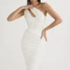 Valentina ivoorkleurige midi-jurk met asymmetrische uitsnijding