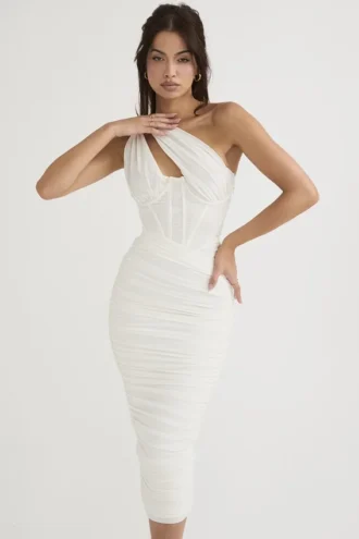 Valentina ivoorkleurige midi-jurk met asymmetrische uitsnijding