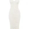 Valentina ivoorkleurige midi-jurk met asymmetrische uitsnijding