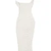Valentina ivoorkleurige midi-jurk met asymmetrische uitsnijding